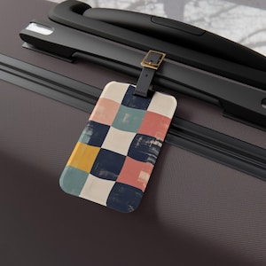 Retro geblokt bagagelabel abstract kleurblok reislabel vintage dambord kofferlabel funky jaren 70 esthetiek ID tas
