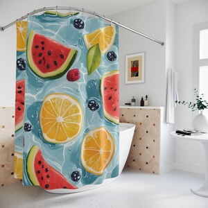 refreshing fruit shower water-resistant curtain watermelon orange berry water splash tropical bathroom decor vibrant design modern style