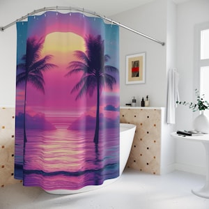 Tropical Sunset Shower Curtain: Pink Purple Palm Tree Beach Decor