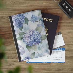 Elegante hortensia bloemen PU kunstleer paspoorthoes aquarel blauwe bloem ontwerp duurzame paspoorthouder reisportemonnee uniek cadeau