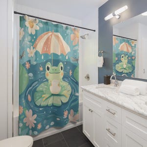 Whimsical frog water-resistant shower curtain lily pad design colorful floral bathroom decor cute frog and umbrella playful bathroom curtain