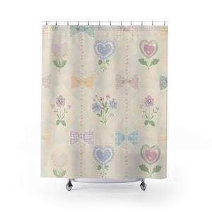 Pastel cutecore water-resistant shower curtain hearts bows floral design whimsical bathroom decor soft pastel aesthetic cozy