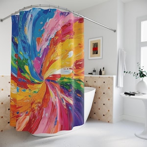 abstract rainbow swirl water-resistant shower curtain colorful artistic bathroom decor vibrant splash design unique bathroom curtain