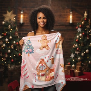 Cute Holiday Throw velveteen plush Blanket with Gingerbread House & Candy Design - Winter Warmth Christmas gift idea home decor