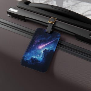 Galaxy bagagelabel kosmische nachtelijke hemel reislabel vallende ster kofferlabel ruimte thema bagagelabel donkerblauw galaxy art tag