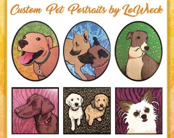 Hand Illustrated Pet Portraits on Wooden Panels