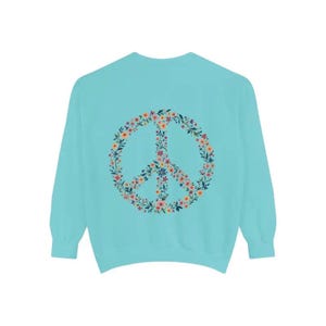 Floral Peace Zeichen Sweatshirt mit Rundhalsausschnitt in Hellblau, Aqua und Gelb