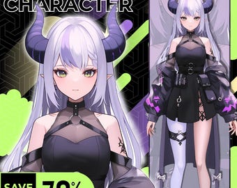 May include: A digital illustration of a VTuber character with purple hair, black horns, and a black outfit with a white collar. The character is wearing a black choker with a silver ring. The image includes the text "VTUBER CHARACTER" and "SAVE UP TO 70% OFF".