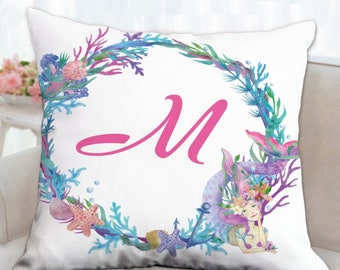 Whimsical Mermaid Floral Wreath Monogram Square Pillow - 2 Sided 3 Sizes Custom Design Name Text
