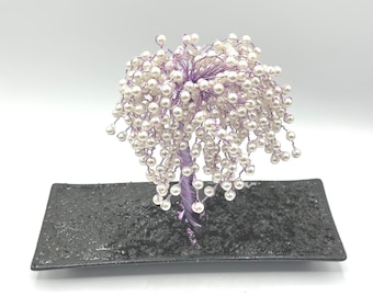 Handcrafted Purple Wire Weeping Willow Bonsai Tree with White Pearls