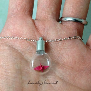 smallest origami crane necklace, flat round glass vial image 1