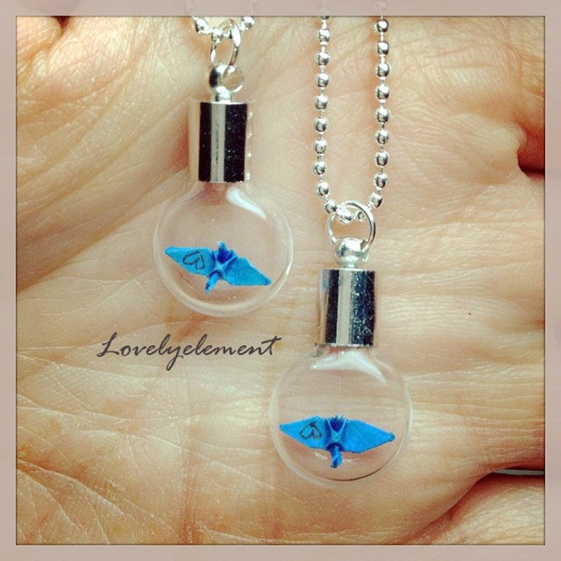 smallest origami crane necklace, flat round glass vial image 3