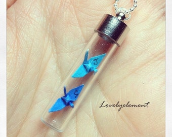 origami paper cranes necklace, long glass bottle vial, wedding, first paper anniversary, love, valentine, personalised, custom jewellery