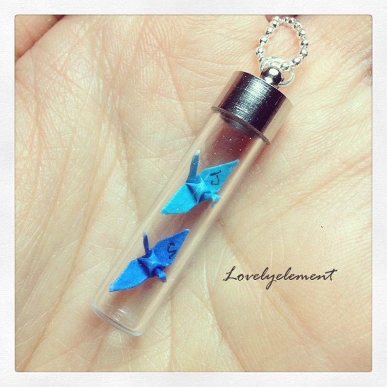 origami paper cranes necklace, long glass bottle vial, wedding, first paper anniversary, love, valentine, personalised, custom jewellery image 1