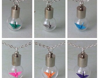 miniature origami crane glass bottle necklace