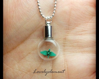 miniatures smallest origami crane necklace, flat round glass vial