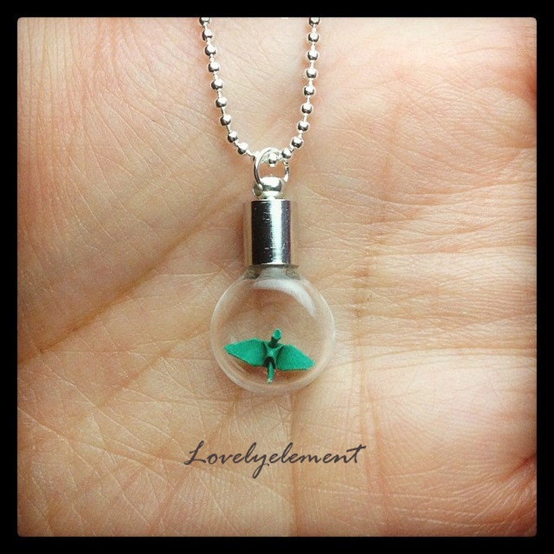 smallest origami crane necklace, flat round glass vial image 2