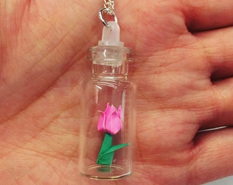 Tiny Origami Paper Tulip bottle necklace, origami flower, First Paper Anniversary, bbf, get well