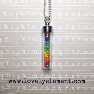 micro origami paper cranes bottle necklace, rainbow colors, glass vial image 1