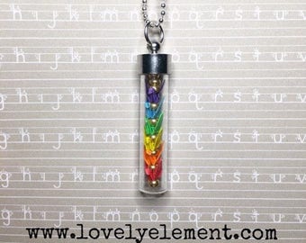 micro origami paper cranes bottle necklace, rainbow colors, glass vial