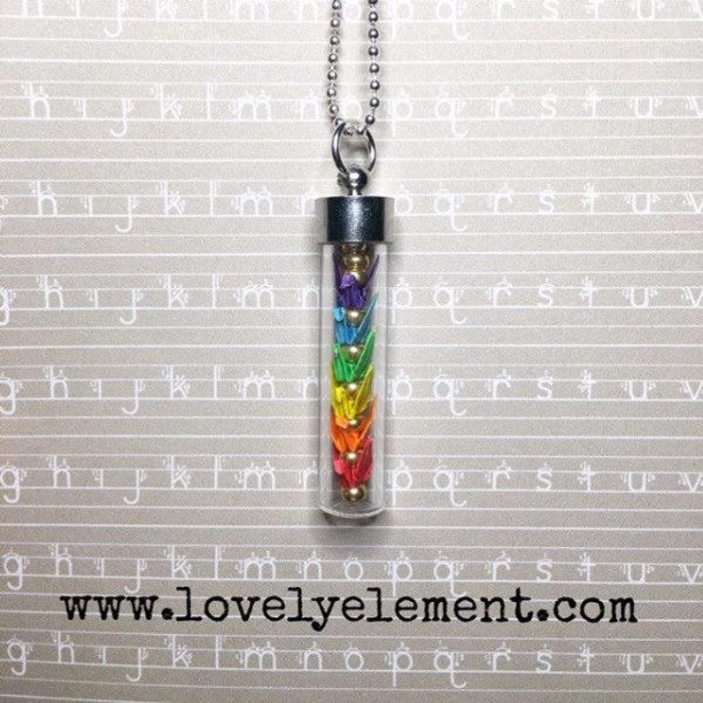 micro origami paper cranes bottle necklace, rainbow colors, glass vial image 1