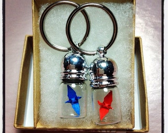 2 miniature origami crane glass bottles, key chains