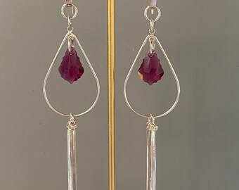 Pink Austrian Crystal and Sterling Silver Handmade Dangle Earrings