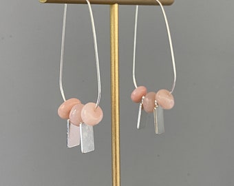 Pink Peruvian Opal and Sterling Silver Handmade Hoop Earrings