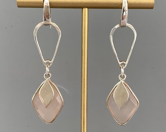 Pink Quartz and Sterling Silver Diamond Shaped Handmade Dangle Earrings