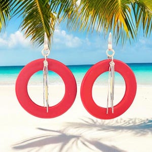 Vintage Red Lucite and Sterling Silver Hoopti Handmade Dangle Earrings