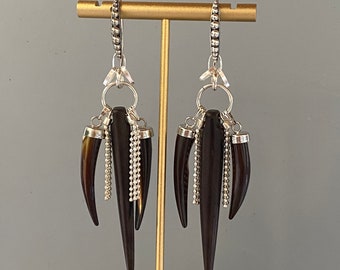 Black Buffalo Bone & Tiger’s Eye Shell Horn Dangle Earrings