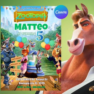 May include: A Zootopia-themed birthday party invitation featuring cartoon characters. The invitation includes the name "Matteo" and the number "5", with the text "calling all party animals to Zootopia". The invitation also includes the date, time, and location.