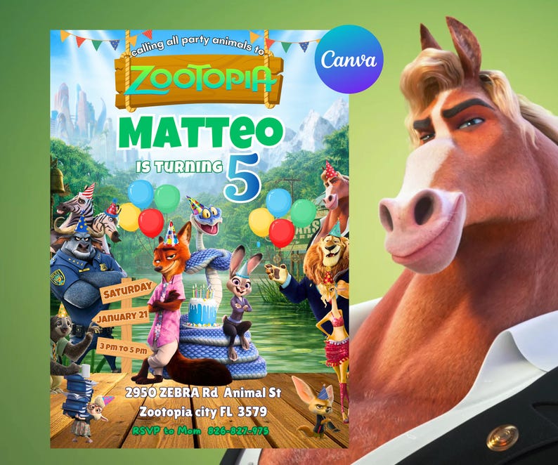 May include: A Zootopia-themed birthday party invitation featuring cartoon characters. The invitation includes the name "Matteo" and the number "5", with the text "calling all party animals to Zootopia". The invitation also includes the date, time, and location.