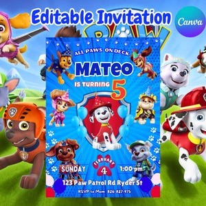 Paw Patrol Birthday Invitation ,Doggy Printable Paw Patrol Party Invite, Instant Download Digital Invitation Canva Template for Kids & Girl