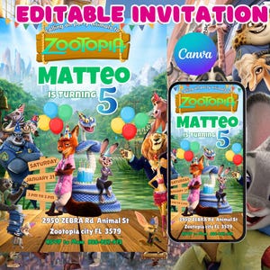May include: A colorful Zootopia-themed birthday invitation featuring the text "MATTEO IS TURNING 5". The design includes cartoon characters, balloons, and event details. The invitation is available in print and mobile formats.