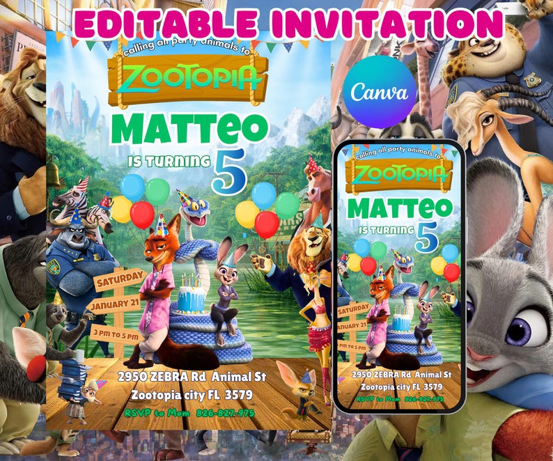 May include: A colorful Zootopia-themed birthday invitation featuring the text "MATTEO IS TURNING 5". The design includes cartoon characters, balloons, and event details. The invitation is available in print and mobile formats.