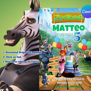 May include: A Zootopia-themed birthday party invitation featuring the character Matteo turning 5. The invitation includes colorful balloons, Zootopia characters, and event details. The invitation is set against a green background with a zebra character.