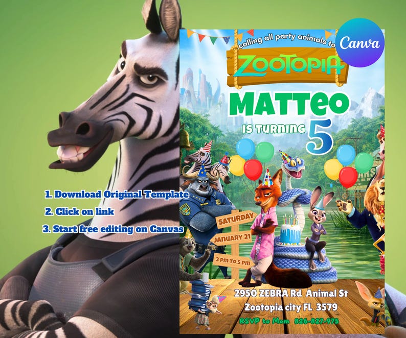 May include: A Zootopia-themed birthday party invitation featuring the character Matteo turning 5. The invitation includes colorful balloons, Zootopia characters, and event details. The invitation is set against a green background with a zebra character.