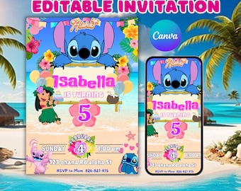 Stitch Birthday Invitation: Pink Lilo Theme, Editable Canva Template (Digital Download)