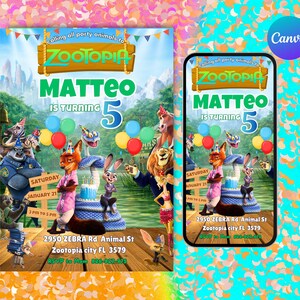 May include: A Zootopia-themed birthday invitation featuring the characters from the movie. The invitation includes the name "MATTEO", the age "5", and event details. The design is colorful with a cartoon style and includes balloons and a cake.