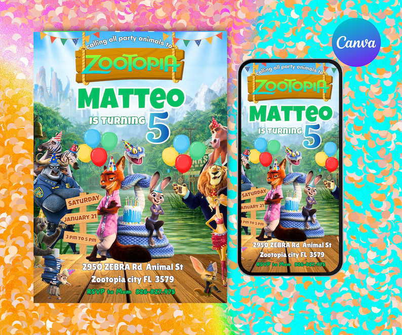 May include: A Zootopia-themed birthday invitation featuring the characters from the movie. The invitation includes the name "MATTEO", the age "5", and event details. The design is colorful with a cartoon style and includes balloons and a cake.
