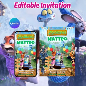 May include: A digital invitation featuring characters from the animated movie Zootopia. The invitation is for a birthday party, with the name "Matteo" and the number "5" prominently displayed. The design includes colorful balloons and the text "Editable Invitation".