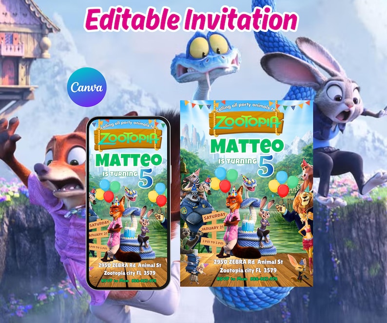 May include: A digital invitation featuring characters from the animated movie Zootopia. The invitation is for a birthday party, with the name "Matteo" and the number "5" prominently displayed. The design includes colorful balloons and the text "Editable Invitation".