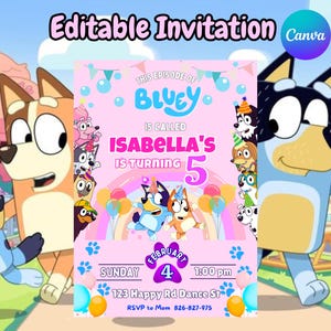 Invitación de cumpleaños editable de Bluey, invitación de fiesta de Bluey rosa imprimible, plantilla de Canva de invitación digital de descarga instantánea para niños y niñas