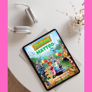 May include: A digital tablet displays a colorful Zootopia-themed birthday invitation. The invitation features cartoon characters, balloons, and the text "MATTEO IS TURNING 5". A pair of white headphones and a small plant are also visible.