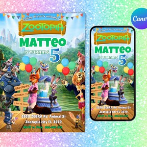 May include: A Zootopia-themed birthday invitation featuring the text "MATTEO IS TURNING 5". The design includes cartoon characters, balloons, and event details. The invitation is displayed on a phone and a larger print.