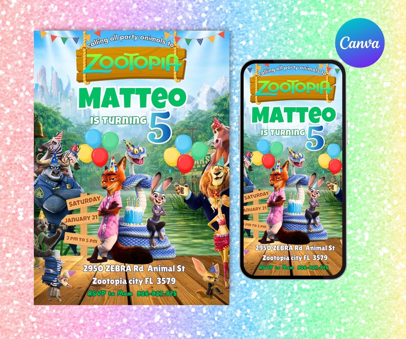 May include: A Zootopia-themed birthday invitation featuring the text "MATTEO IS TURNING 5". The design includes cartoon characters, balloons, and event details. The invitation is displayed on a phone and a larger print.