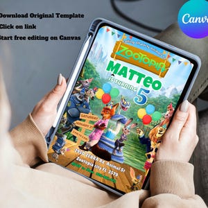 May include: A digital invitation for a child's birthday party, featuring characters from the movie Zootopia. The invitation includes the text "MATTEO is turning 5" and event details. The design is colorful, with a Canva logo in the upper right corner.