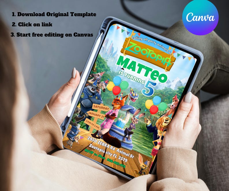 May include: A digital invitation for a child's birthday party, featuring characters from the movie Zootopia. The invitation includes the text "MATTEO is turning 5" and event details. The design is colorful, with a Canva logo in the upper right corner.