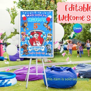 Letrero de bienvenida de la Patrulla Canina, Letrero de bienvenida imprimible de la Patrulla Canina, Plantilla de Canva de invitación digital de descarga instantánea para niños y niñas